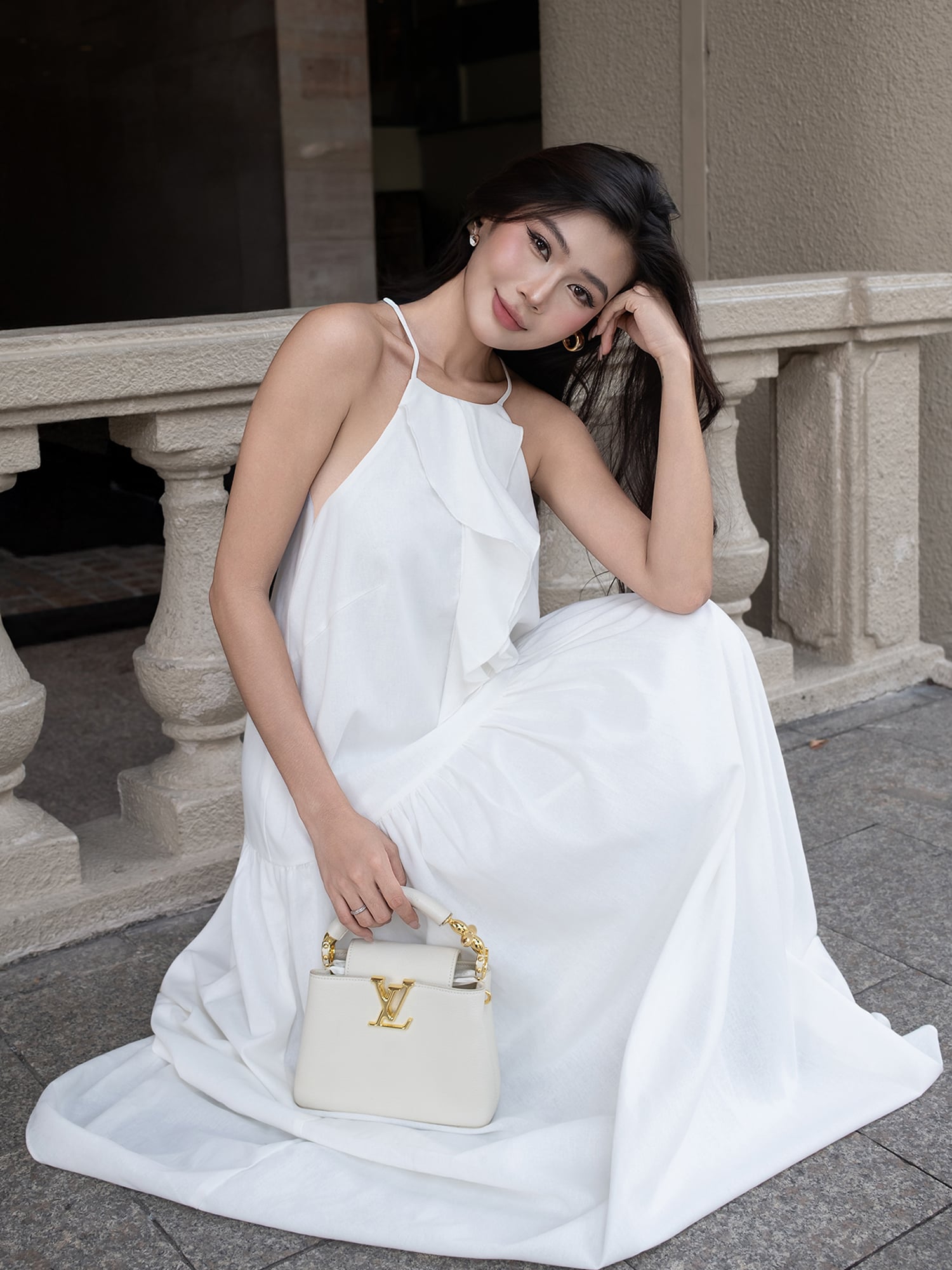 Đầm maxi cổ yếm phối bèo nhún tùng