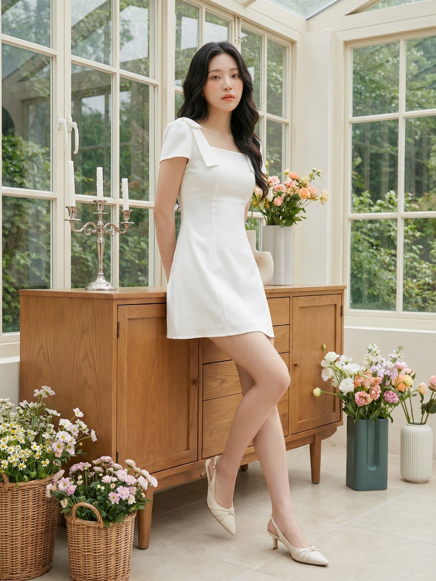  Đầm mini cổ vuông tay phối nơ 