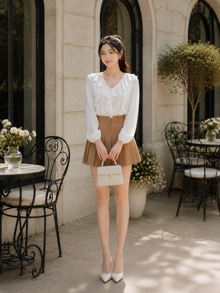  Áo tay dài cổ V phối bèo 