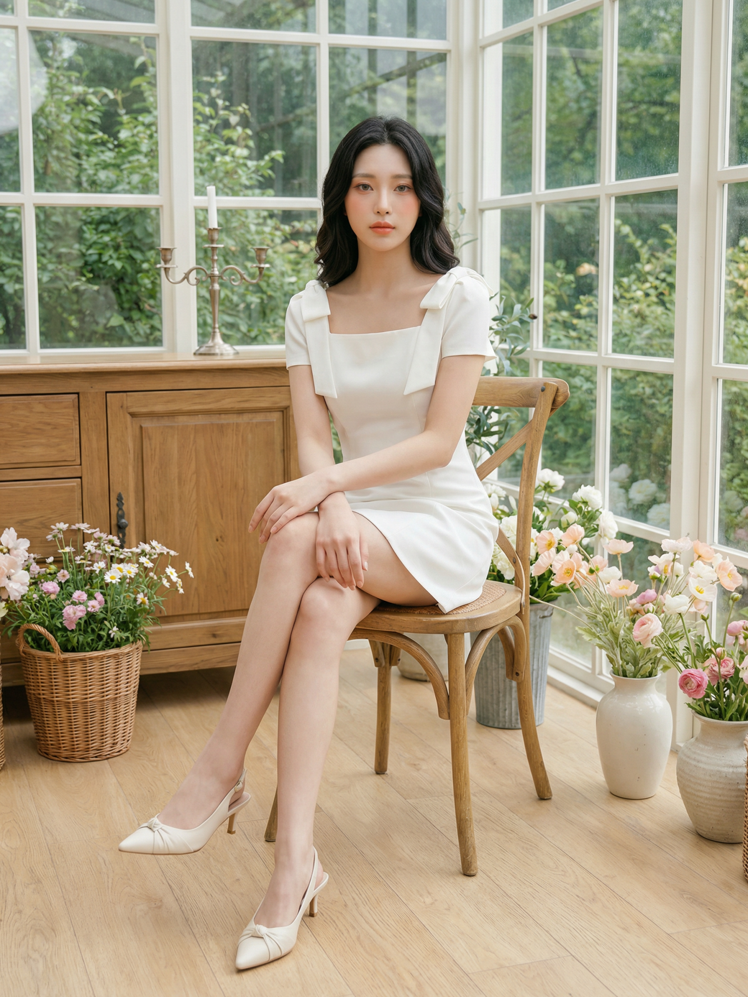 Đầm mini cổ vuông tay phối nơ
