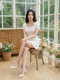  Đầm mini cổ vuông tay phối nơ 