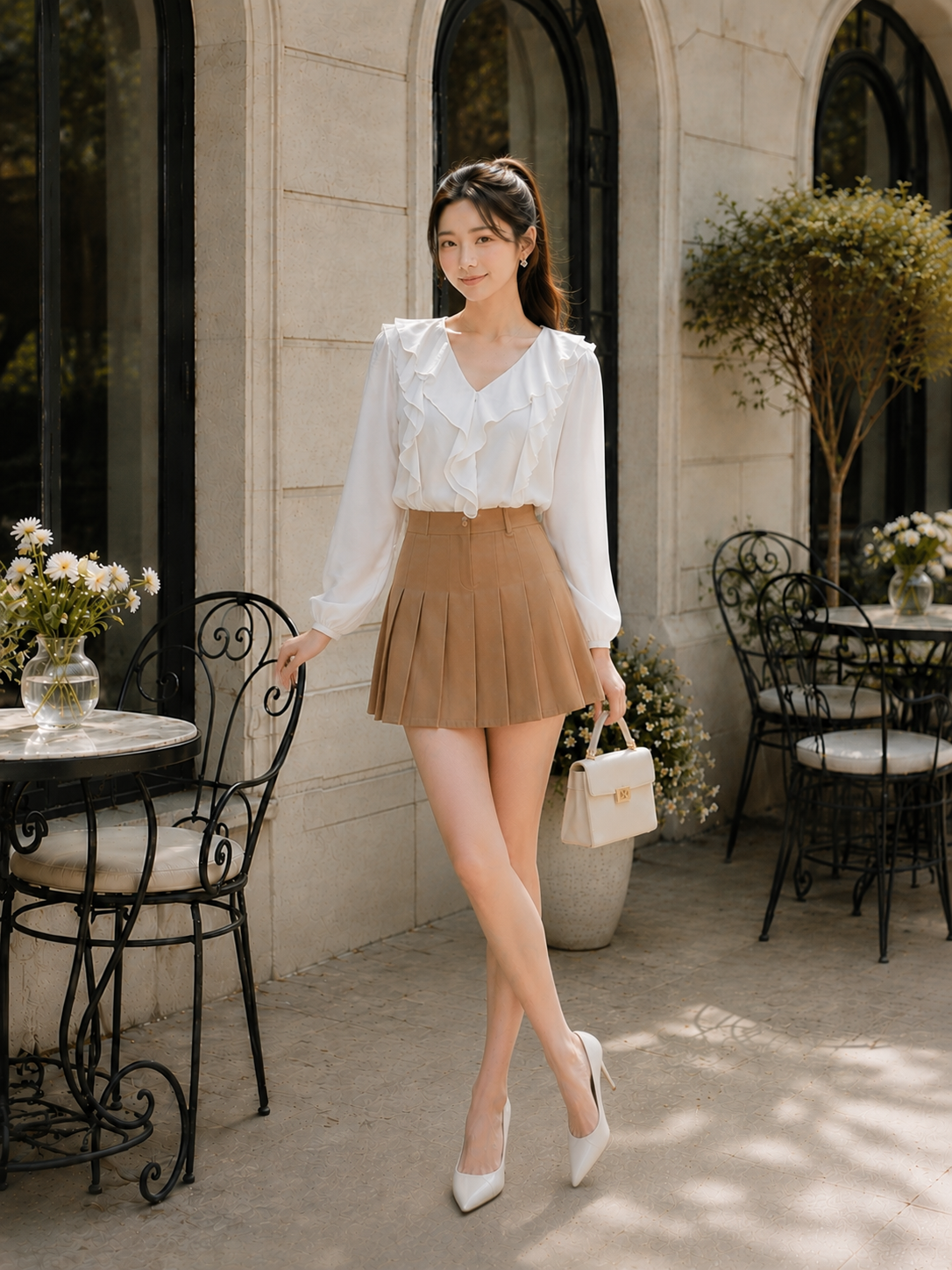  Áo tay dài cổ V phối bèo 