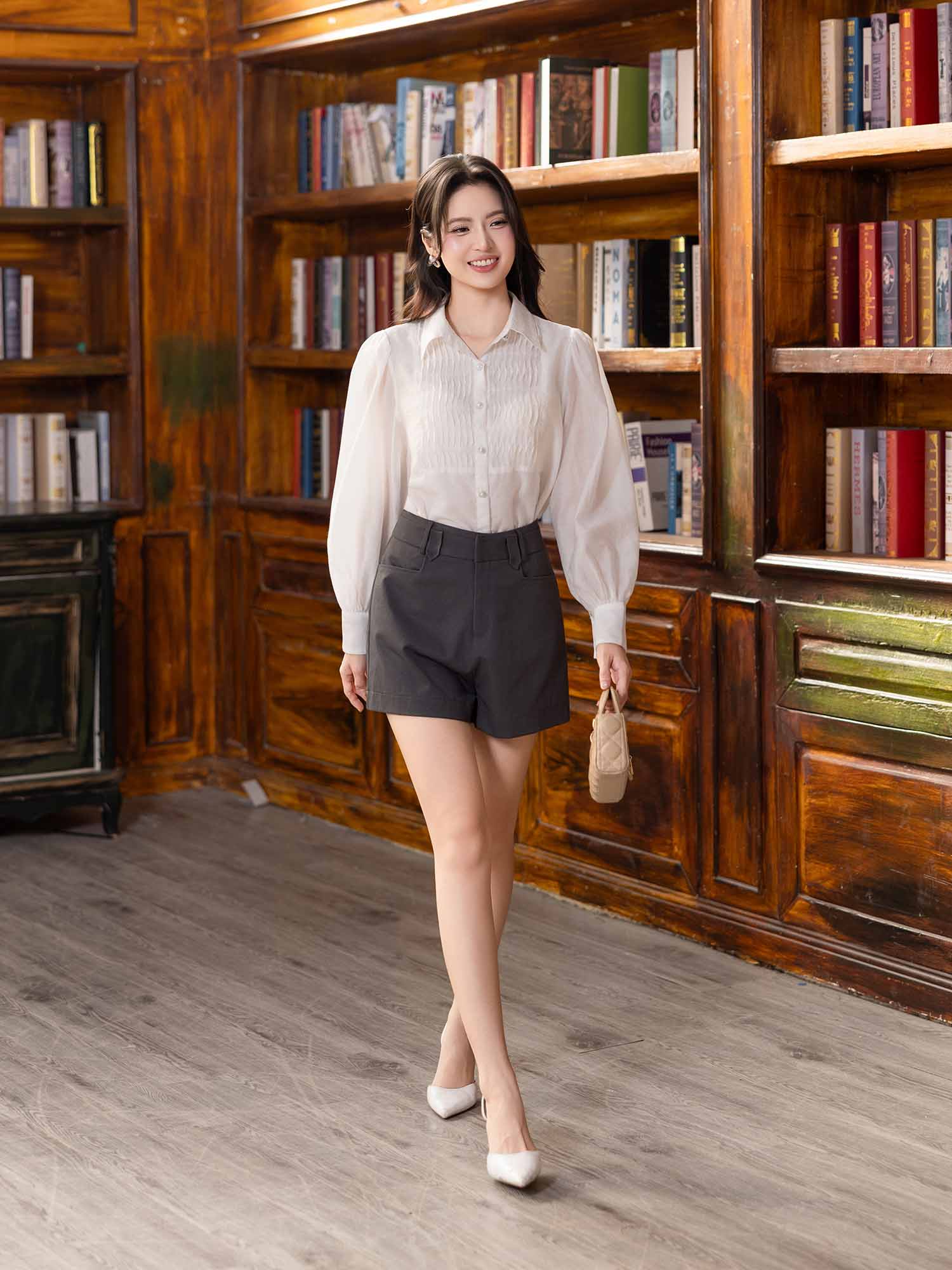 Áo sơ mi tơ kiểu linen phối ly ngực