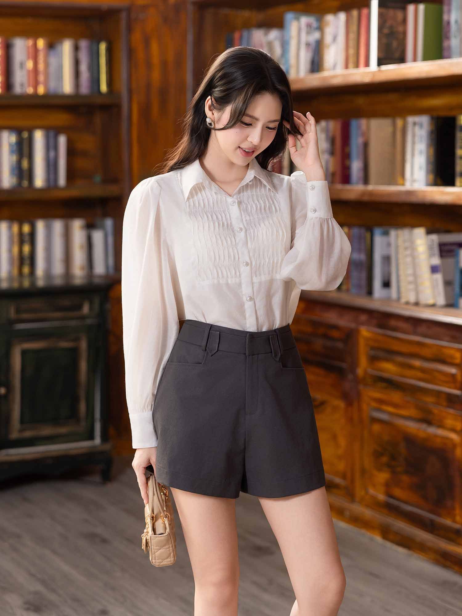 Áo sơ mi tơ kiểu linen phối ly ngực 
