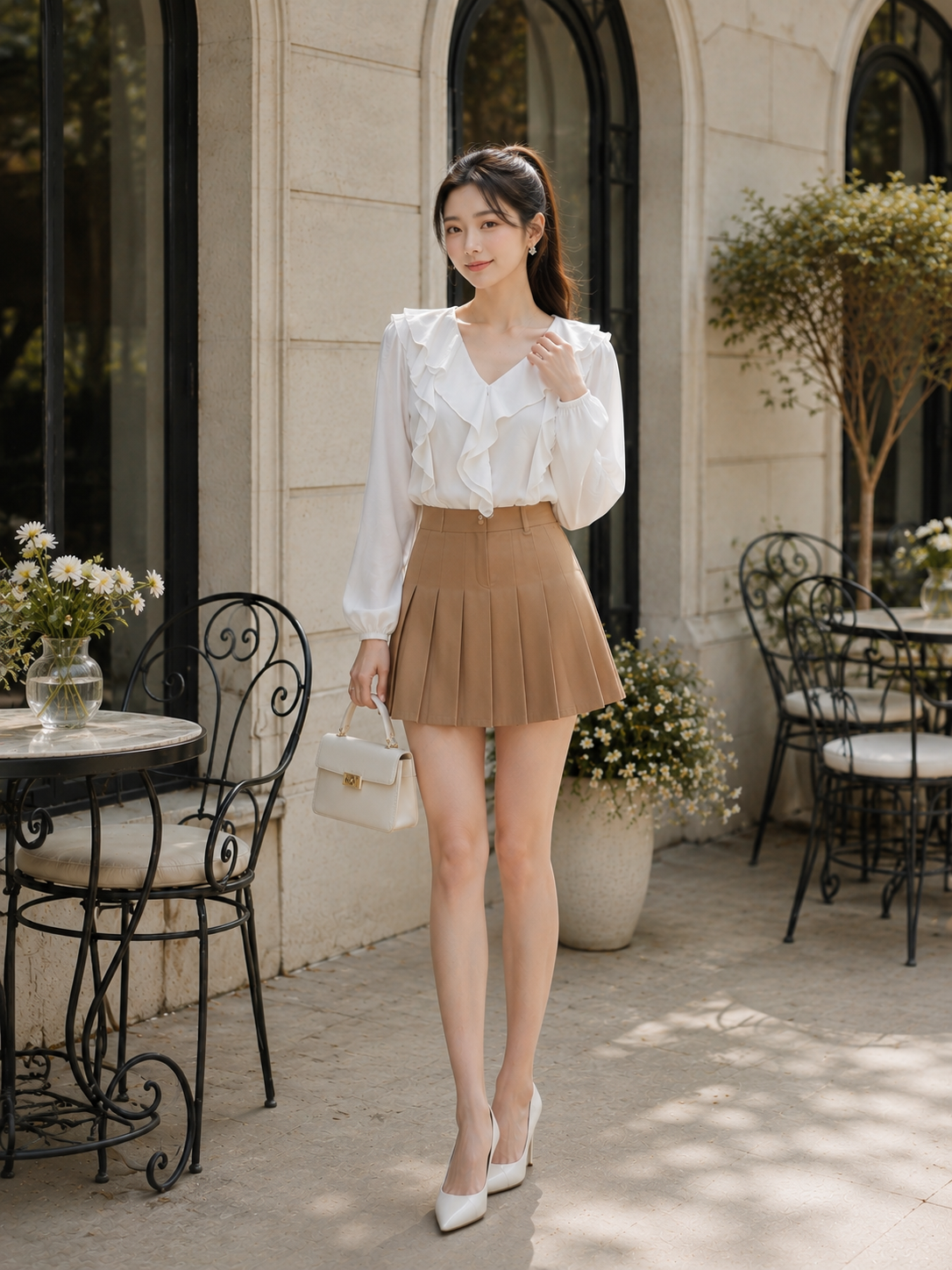  Áo tay dài cổ V phối bèo 