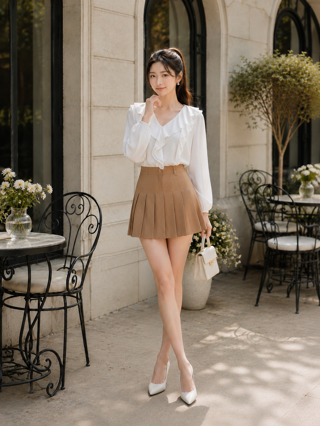 Áo tay dài cổ V phối bèo