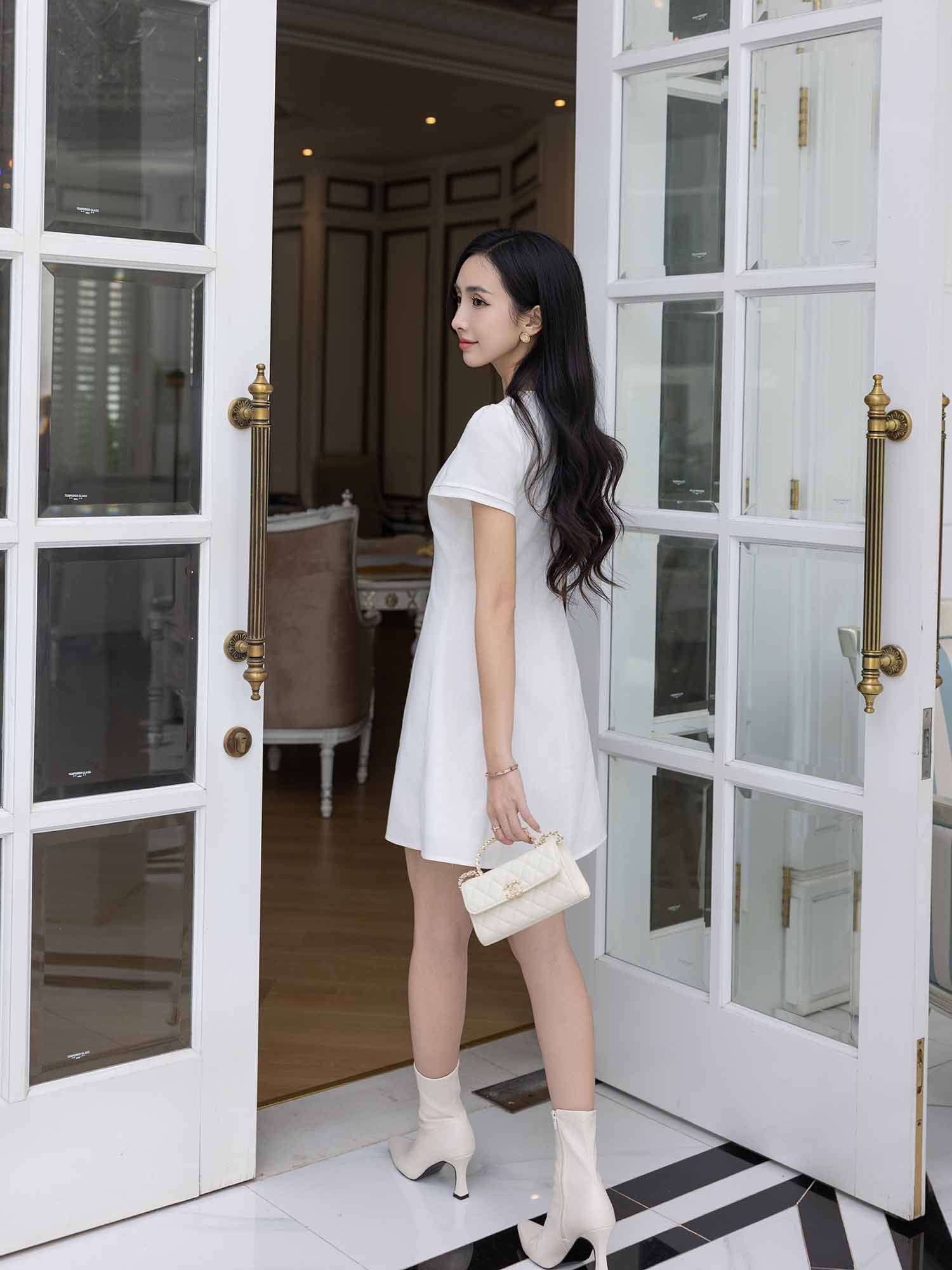 Đầm mini Linen cổ giọt nước thắt nơ