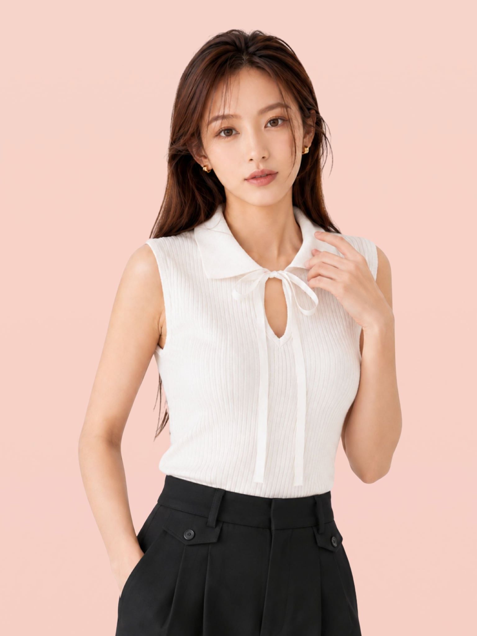  Áo thun có lá cổ dây ruy băng cột nơ 