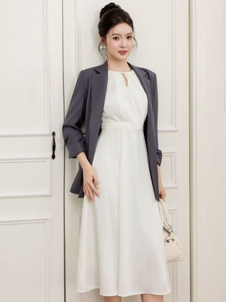  Đầm midi cổ yếm xếp ly eo 