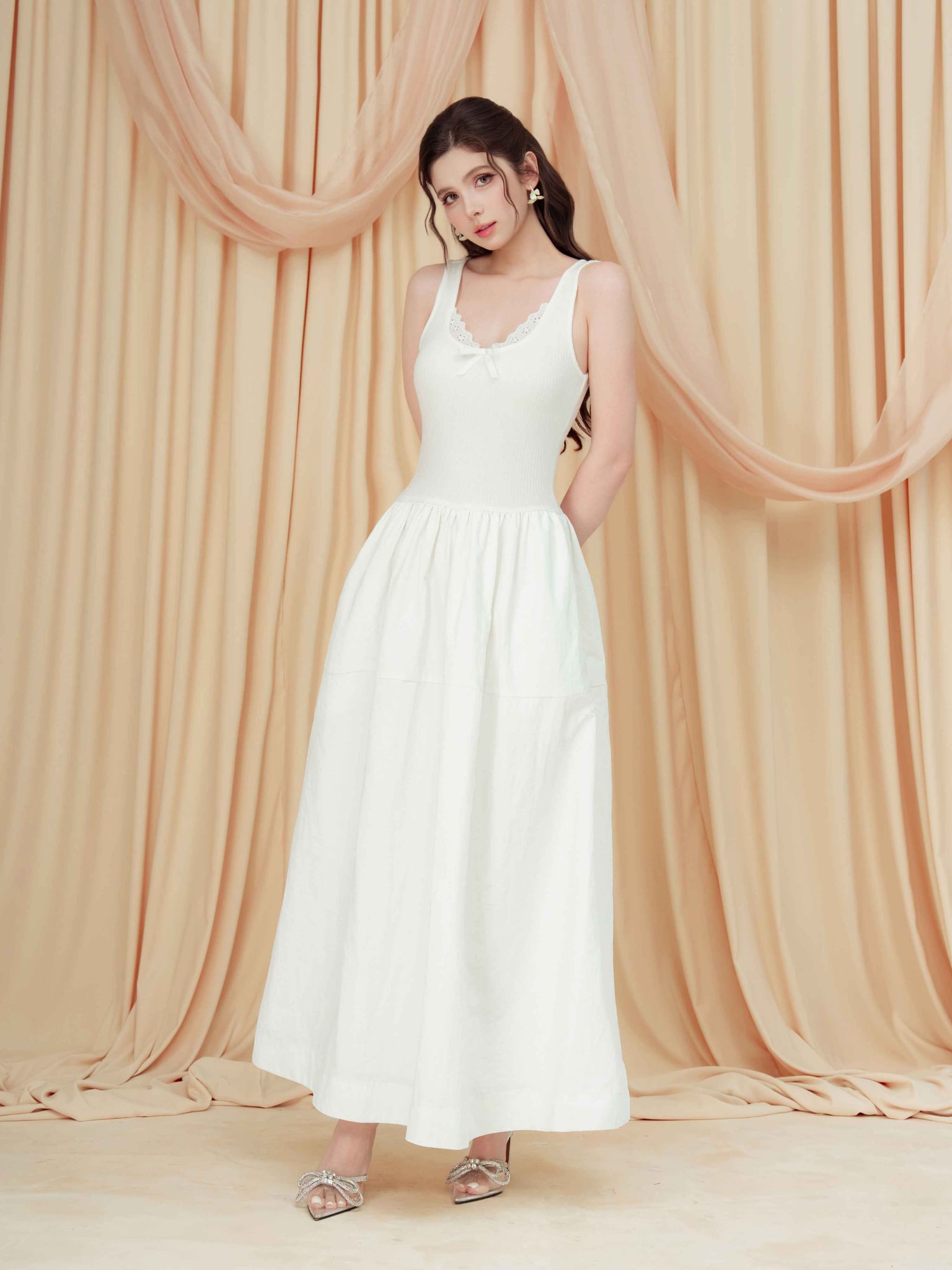 Đầm midi không tay thun gân phối vải nylon