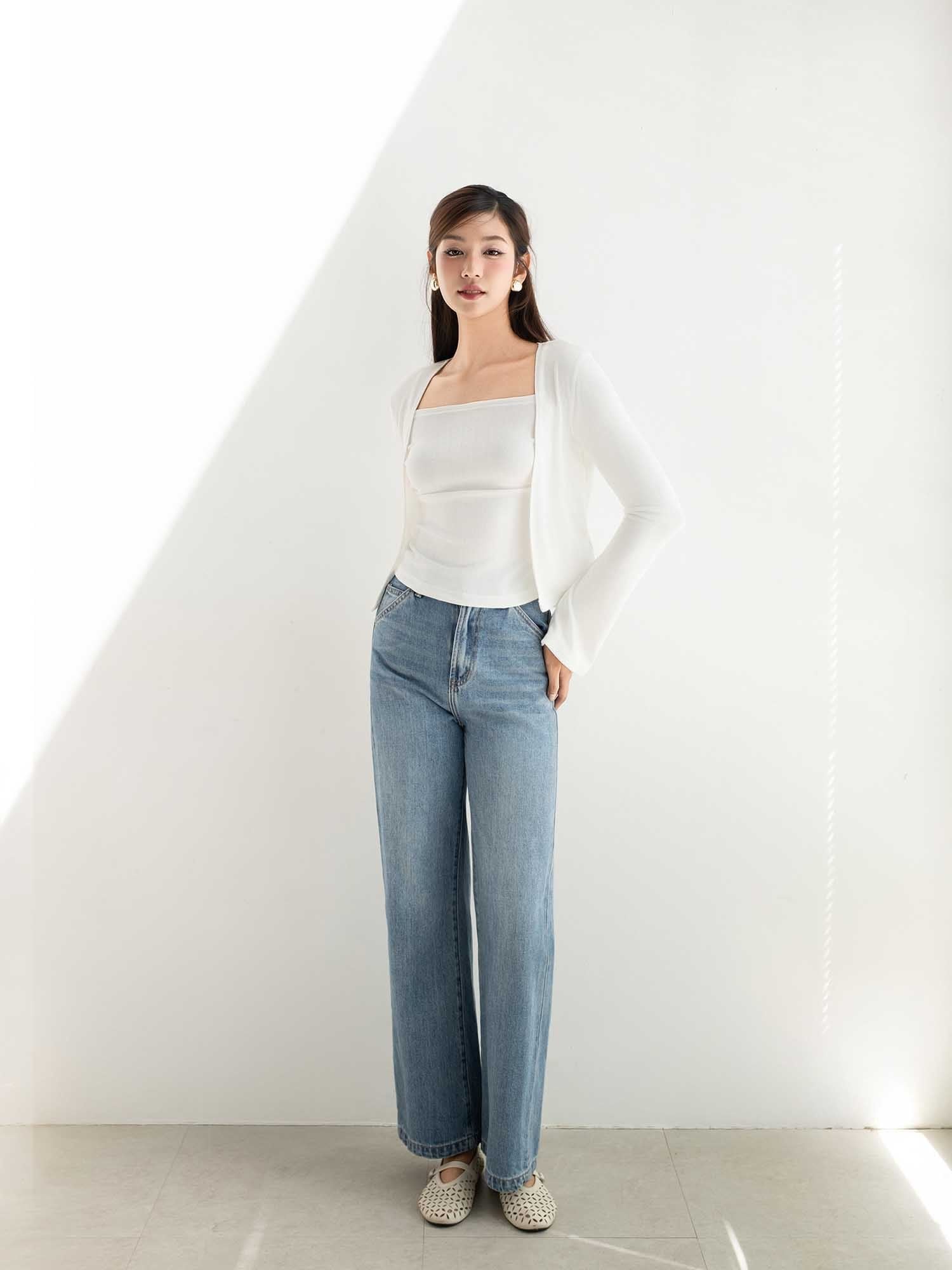  Set áo hai dây nhún ngực phối cardigan 