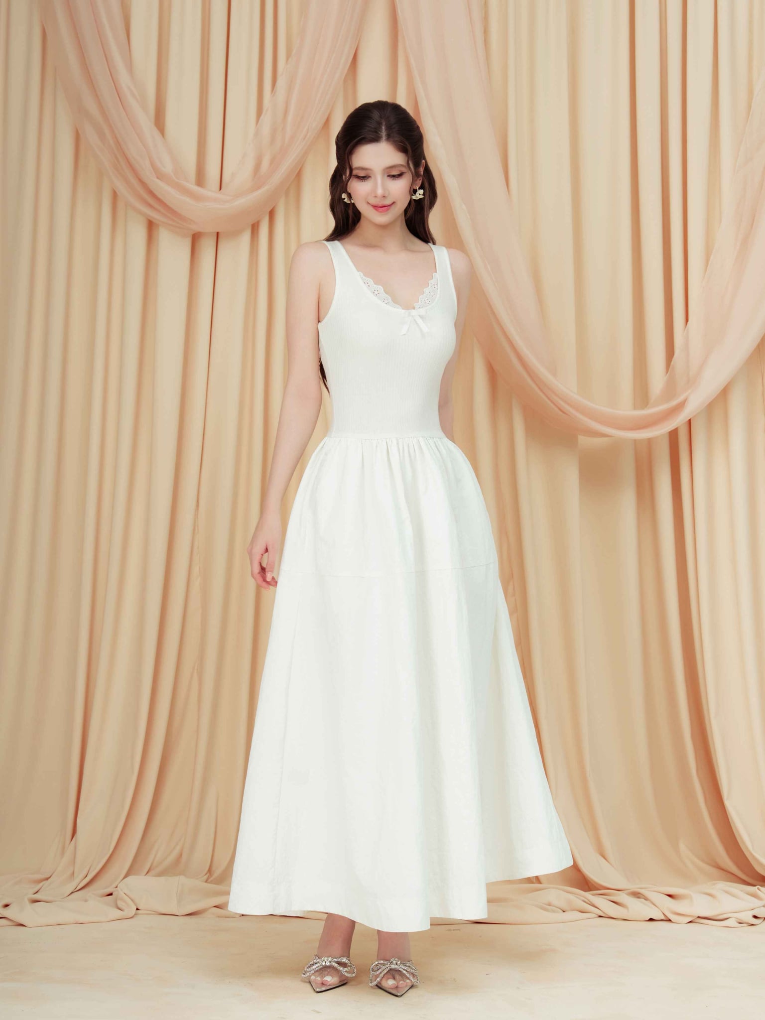 Đầm midi không tay thun gân phối vải nylon