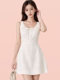  Đầm mini linen cổ xếp nhún không tay 