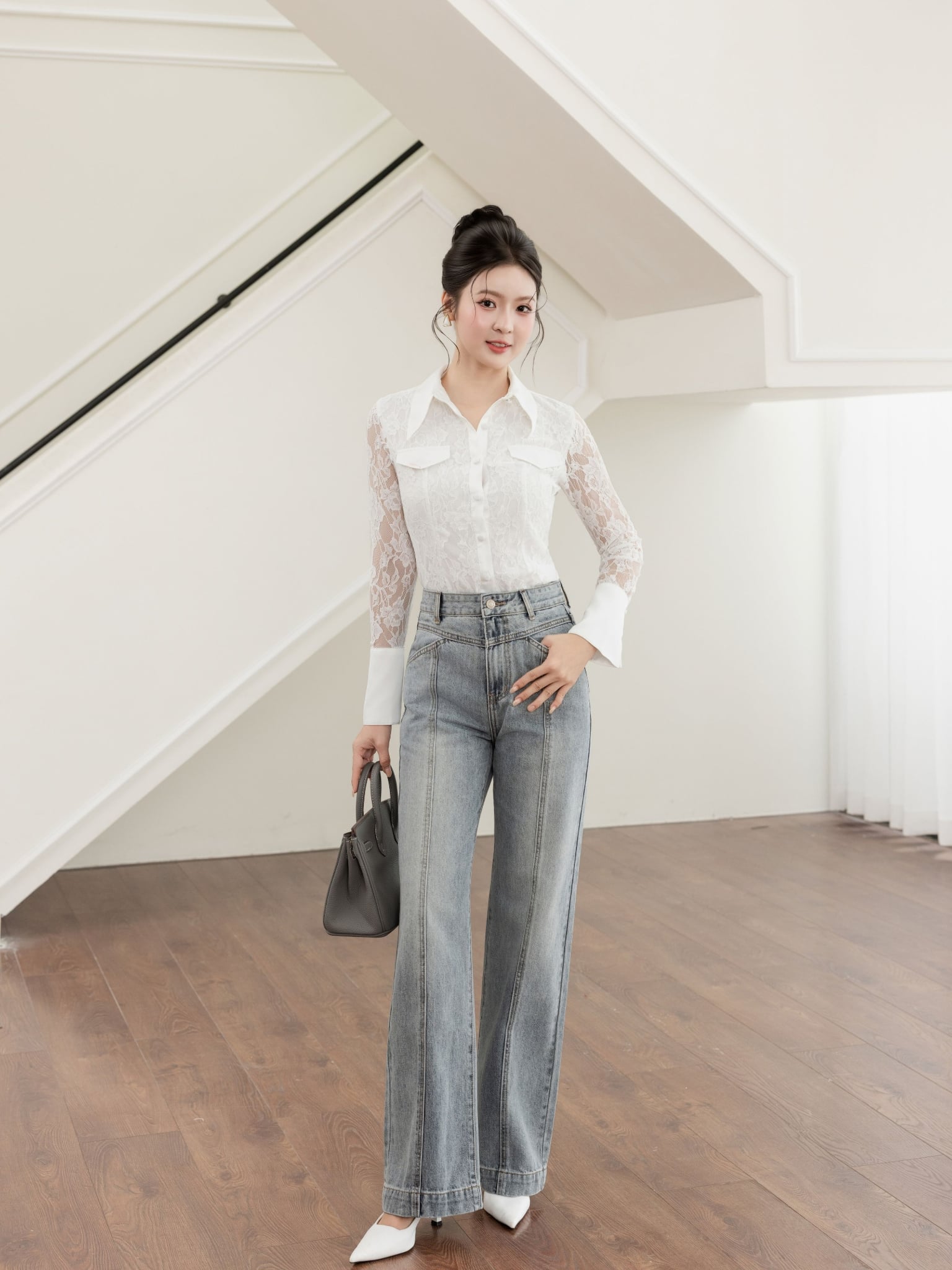 Áo sơ mi ren phối lụa