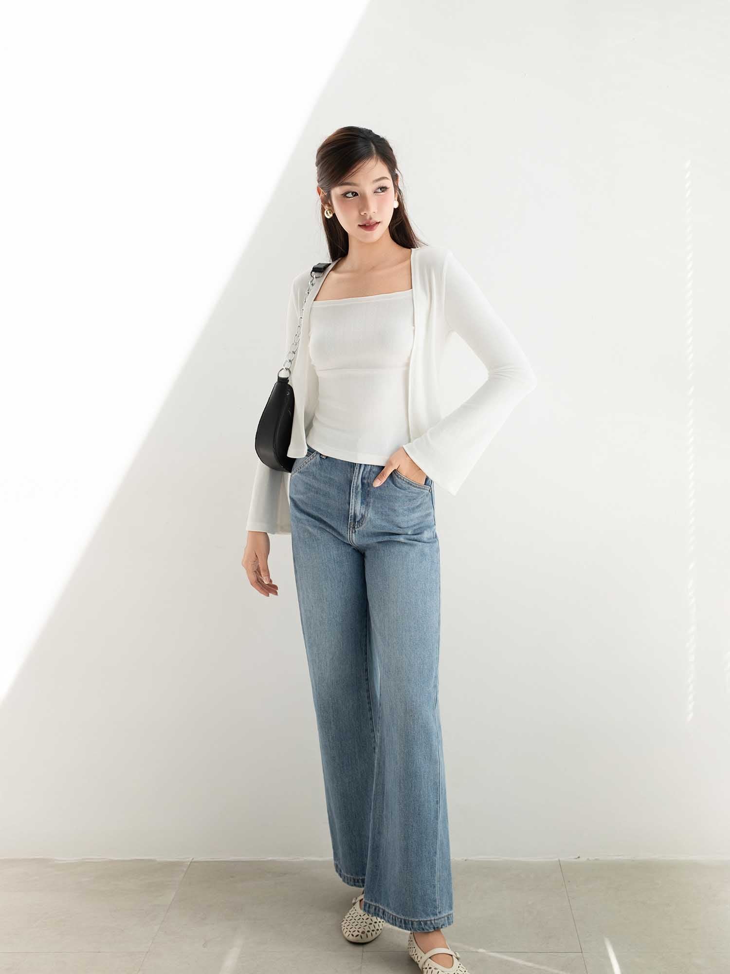 Set áo hai dây nhún ngực phối cardigan