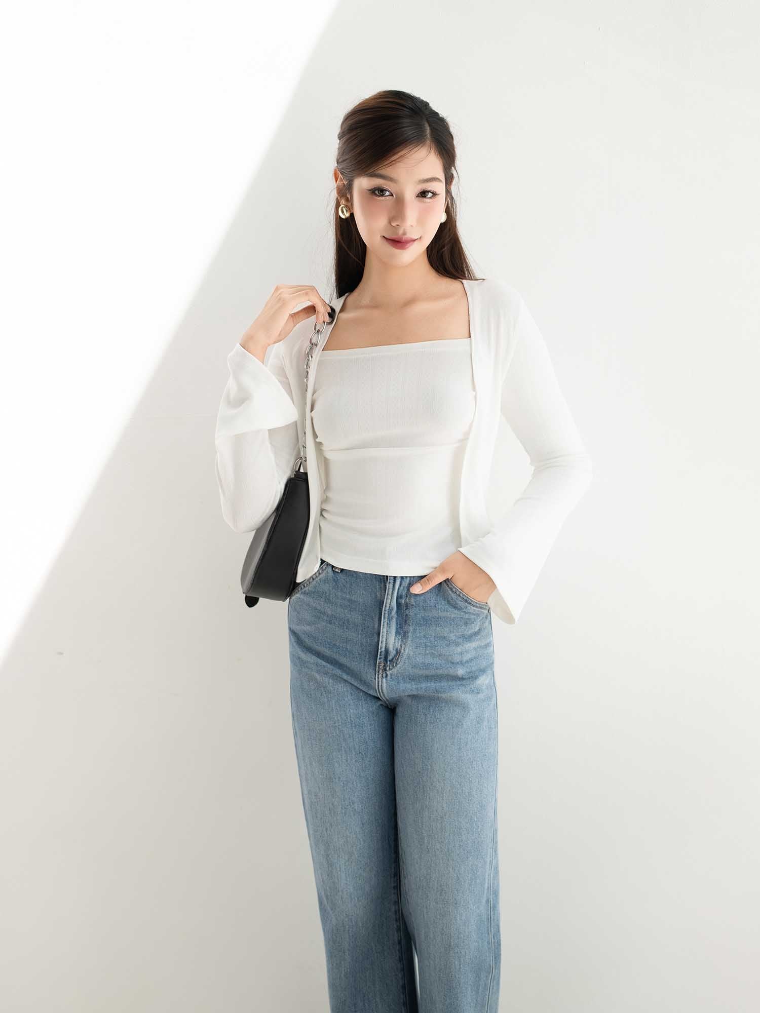 Set áo hai dây nhún ngực phối cardigan