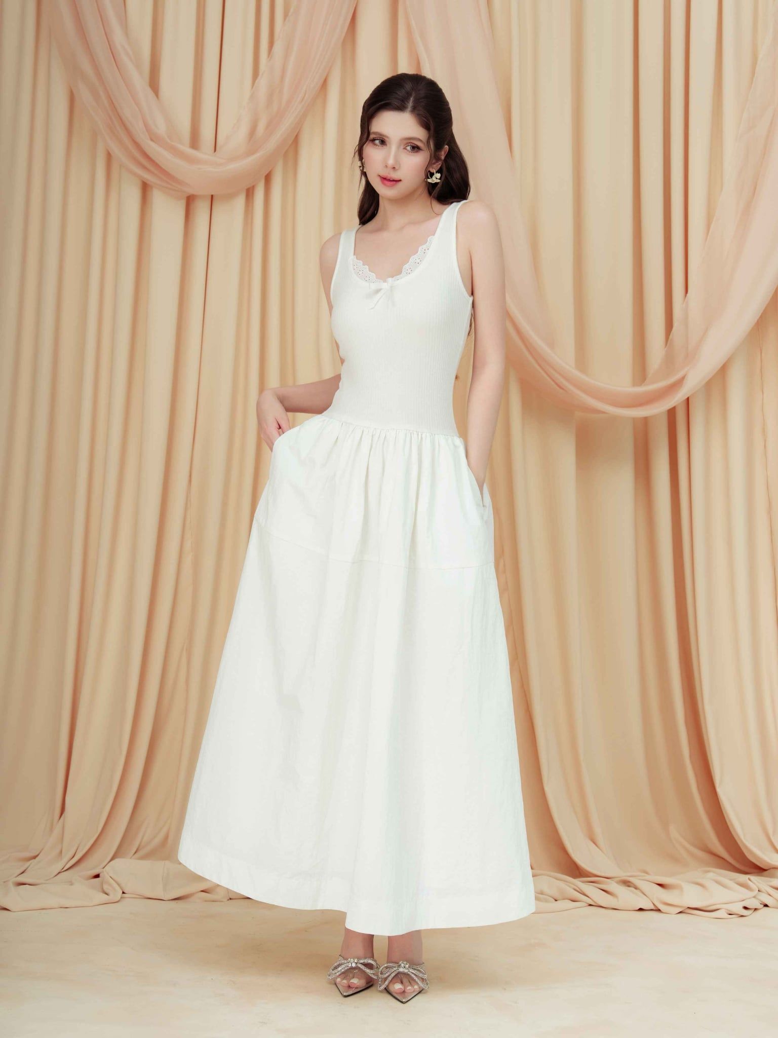  Đầm midi không tay thun gân phối vải nylon 