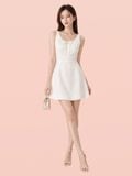  Đầm mini linen cổ xếp nhún không tay 