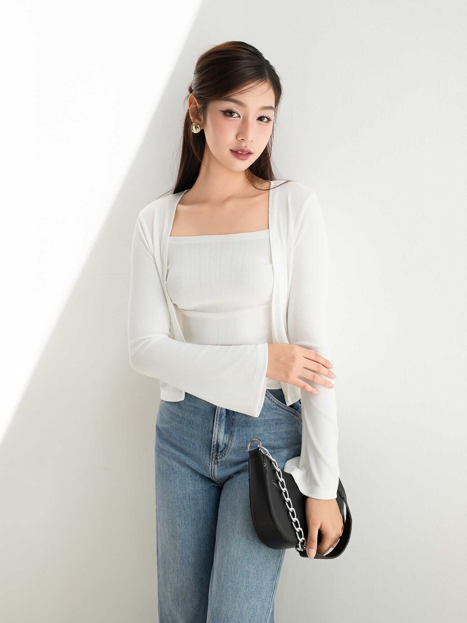 Set áo hai dây nhún ngực phối cardigan