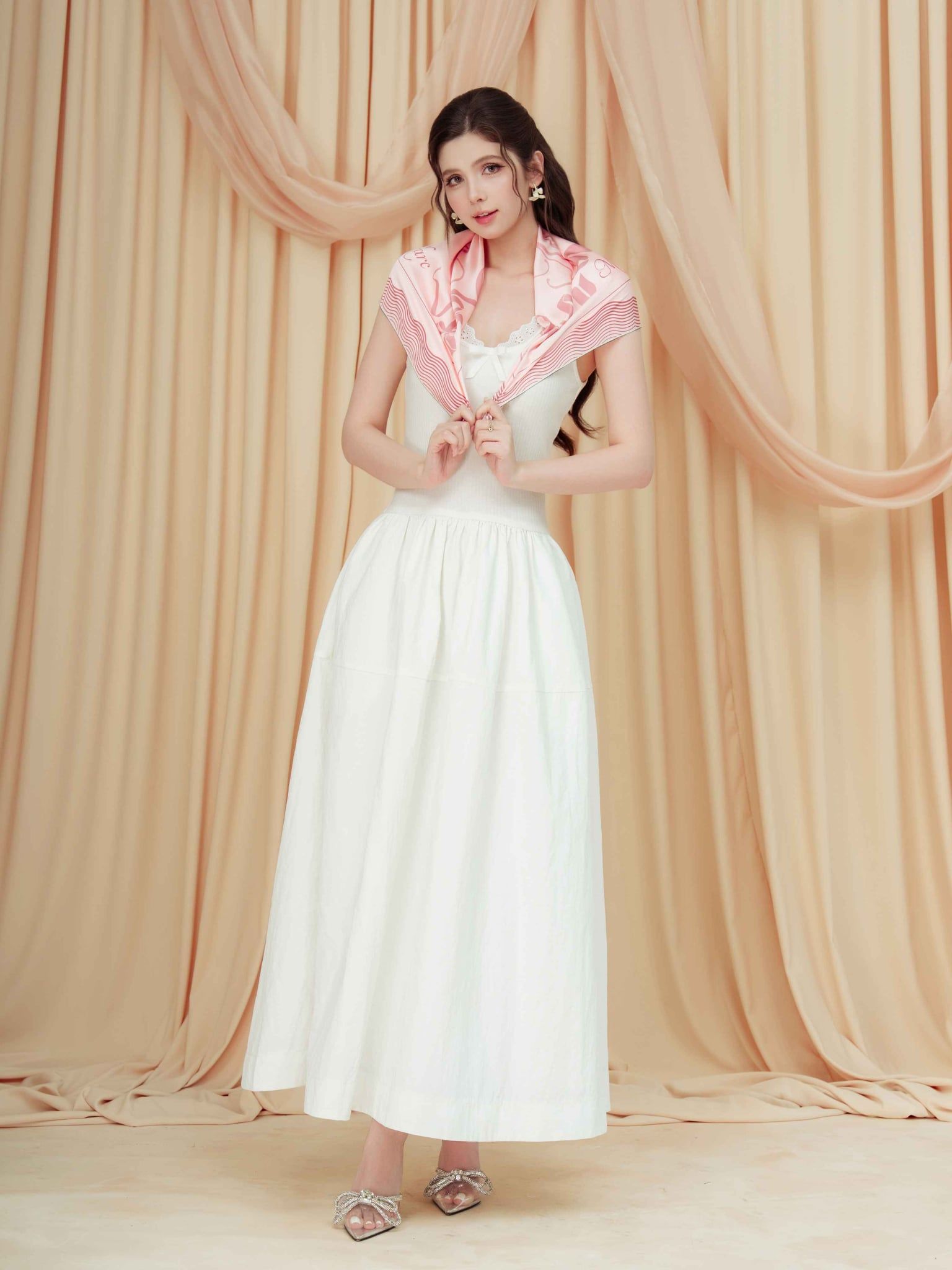  Đầm midi không tay thun gân phối vải nylon 