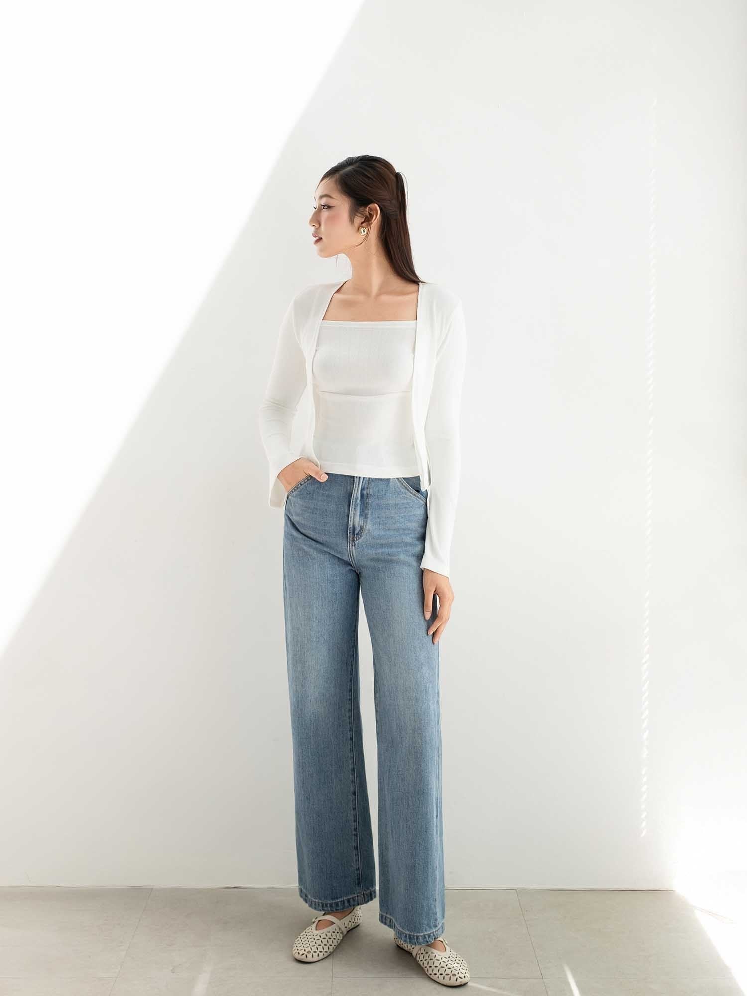  Set áo hai dây nhún ngực phối cardigan 