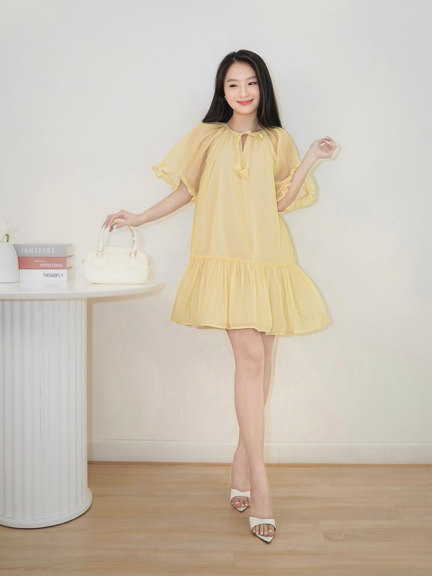 Đầm form rộng phối bèo thắt nơ