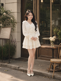  Đầm mini in hoa tay dài cổ phối bèo 