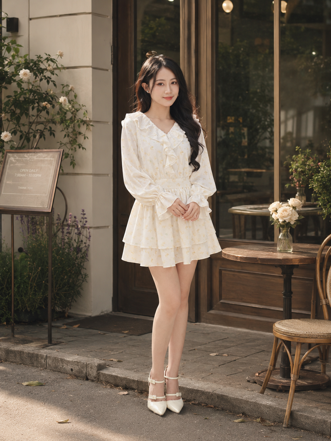  Đầm mini in hoa tay dài cổ phối bèo 