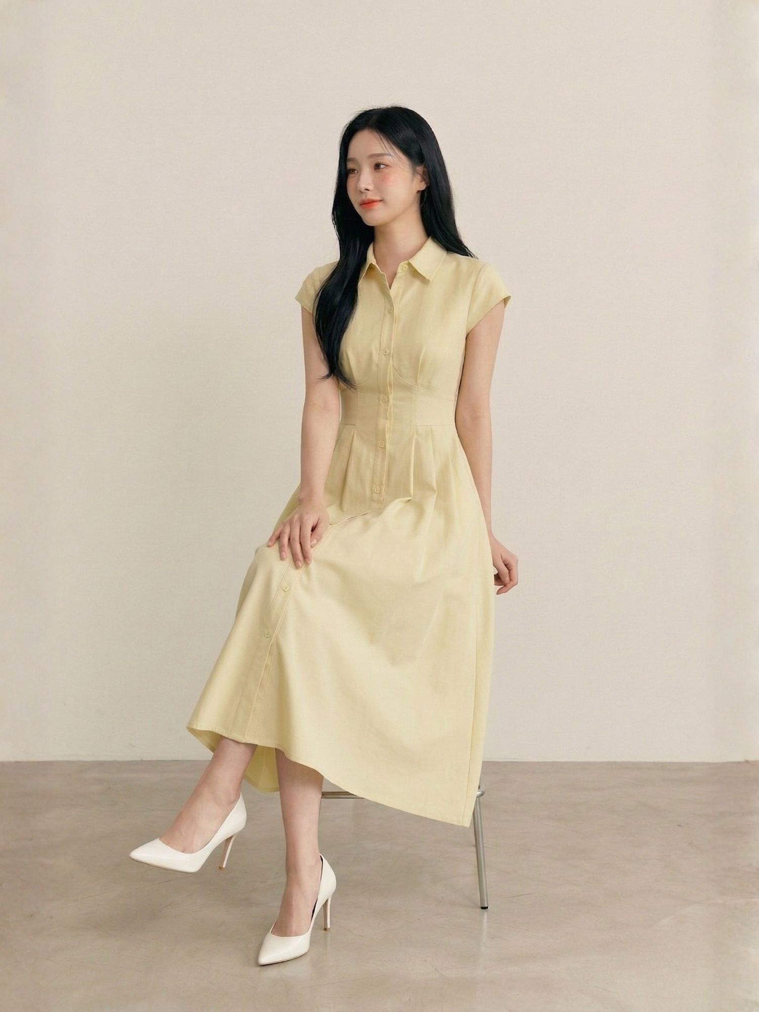  Đầm maxi gài nút xếp li xòe 