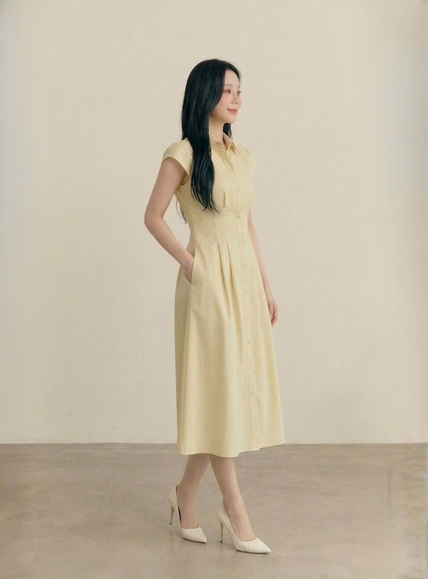 Đầm maxi gài nút xếp li xòe