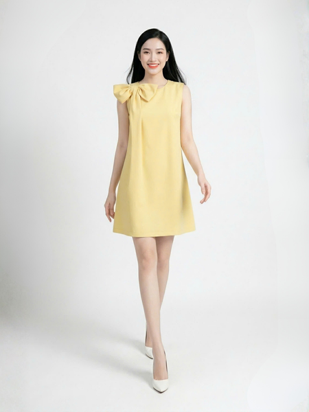  Đầm mini phom suông phối nơ vai cách điệu 