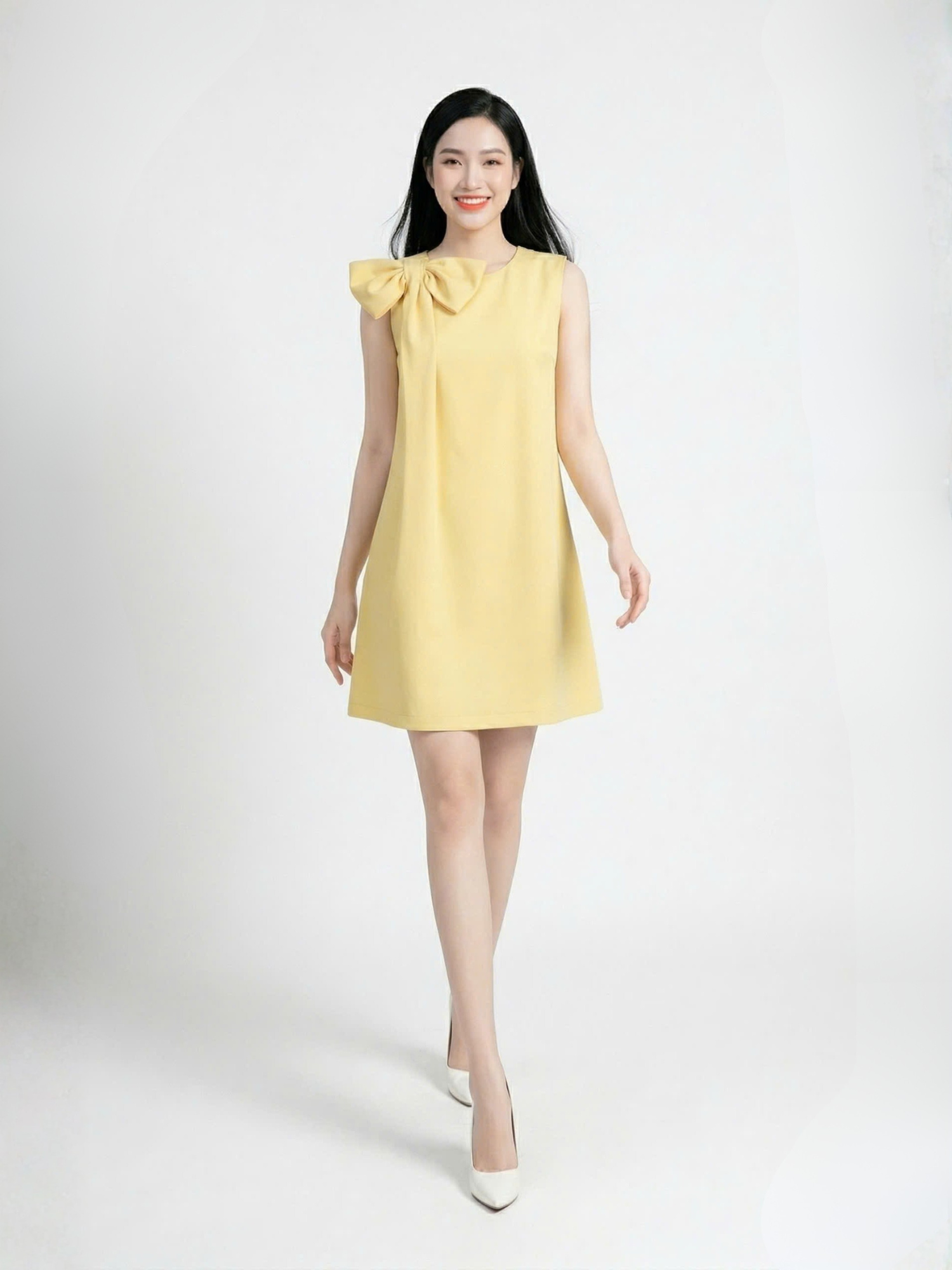  Đầm mini phom suông phối nơ vai cách điệu 