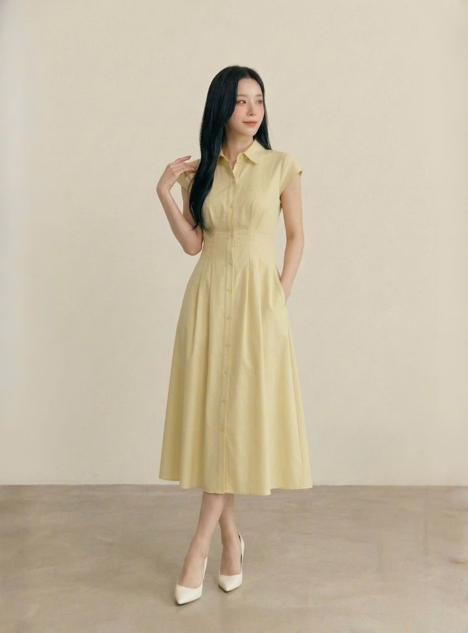 Đầm maxi gài nút xếp li xòe