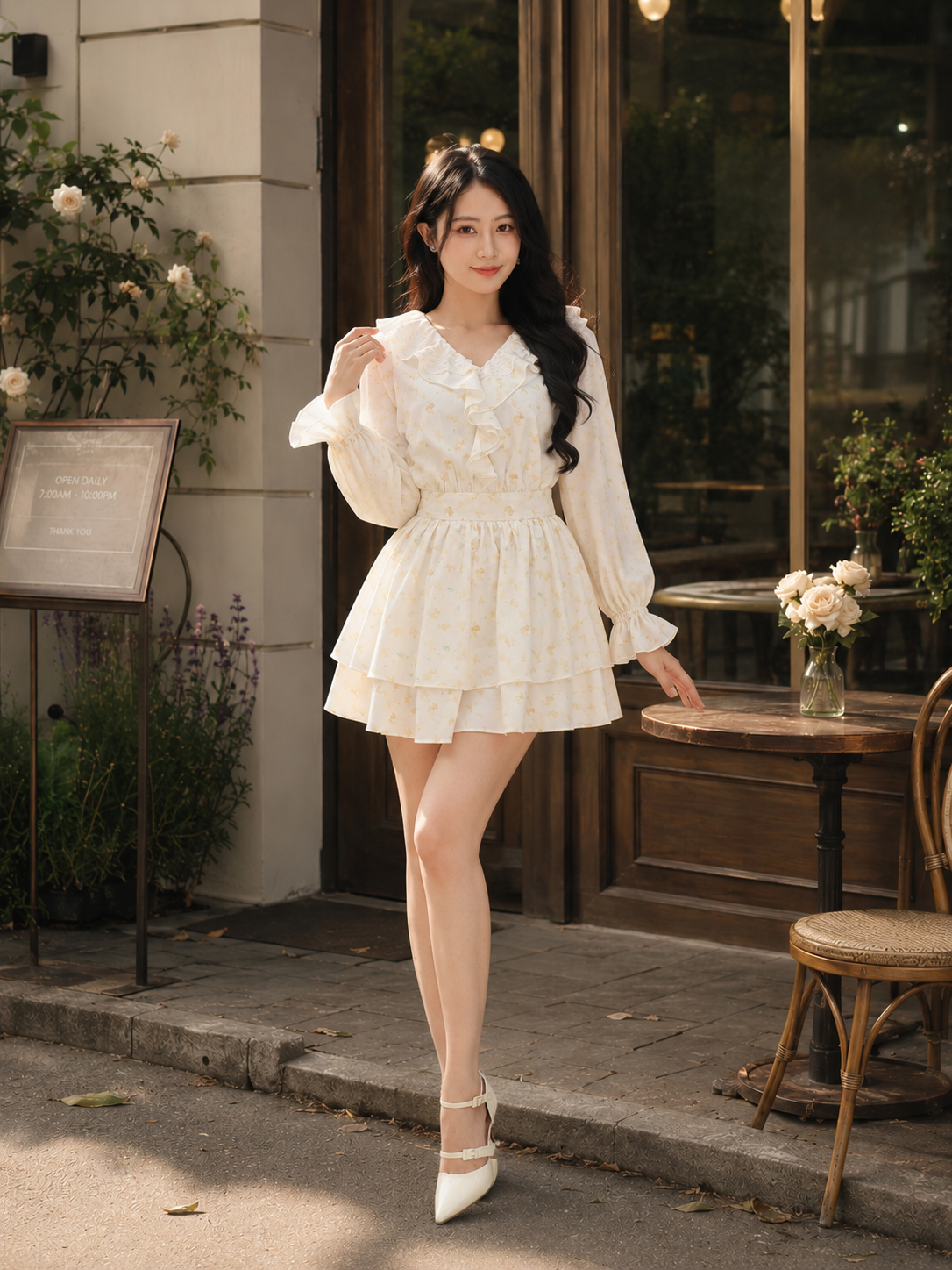  Đầm mini in hoa tay dài cổ phối bèo 