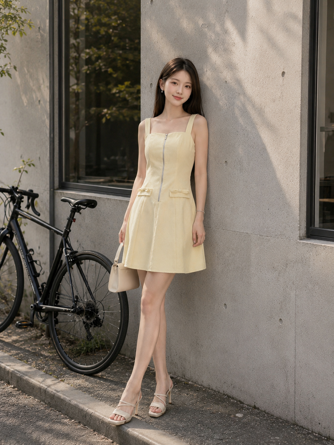Đầm mini hai dây xòe phối dây kéo kim loại