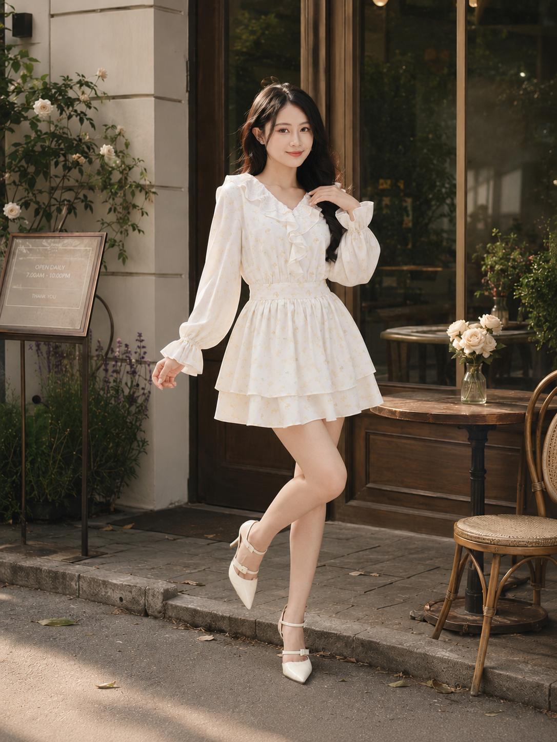  Đầm mini in hoa tay dài cổ phối bèo 