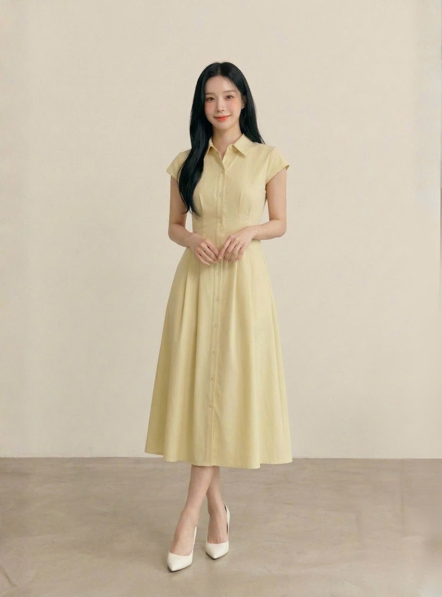 Đầm maxi gài nút xếp li xòe