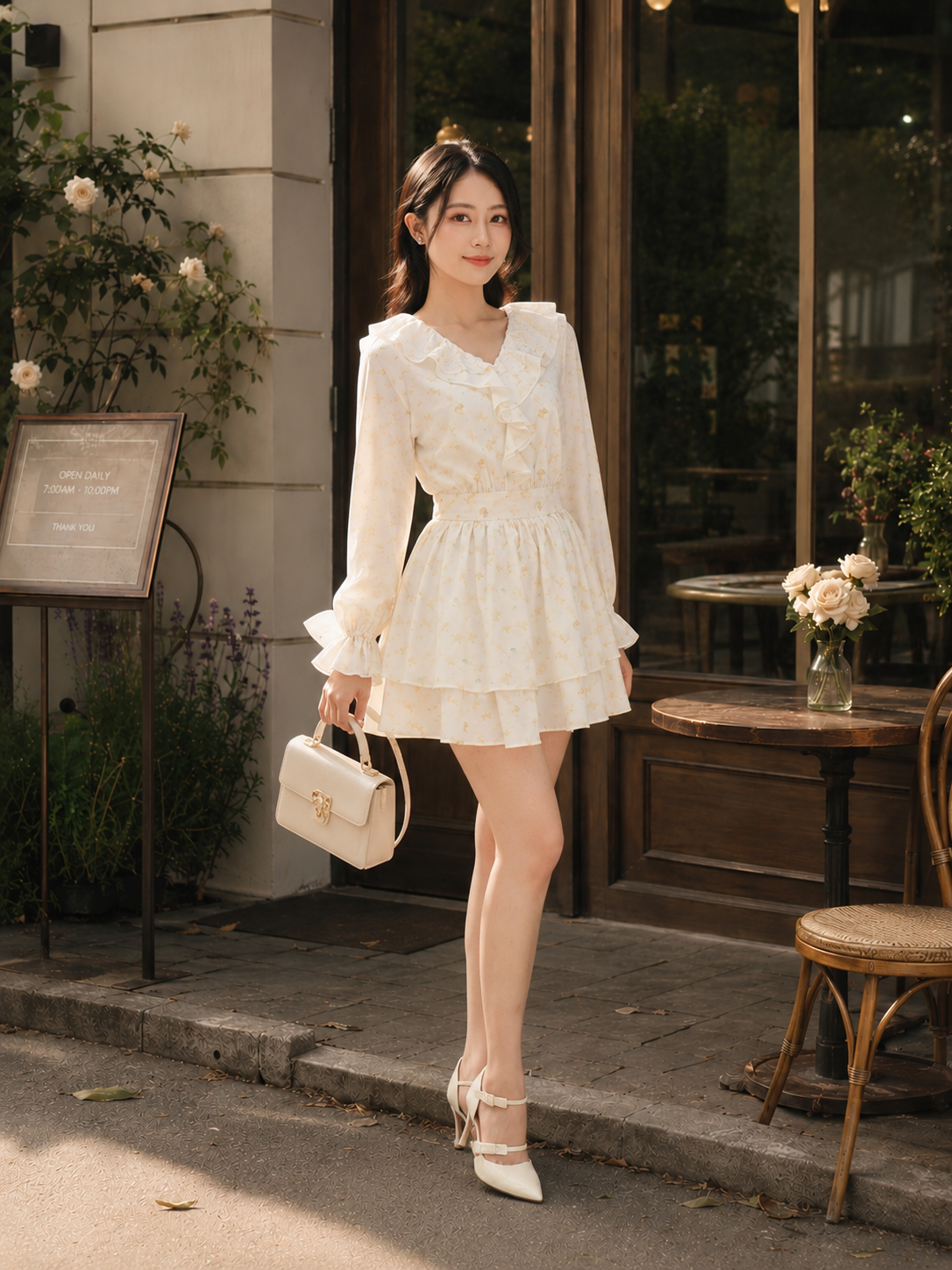 Đầm mini in hoa tay dài cổ phối bèo 