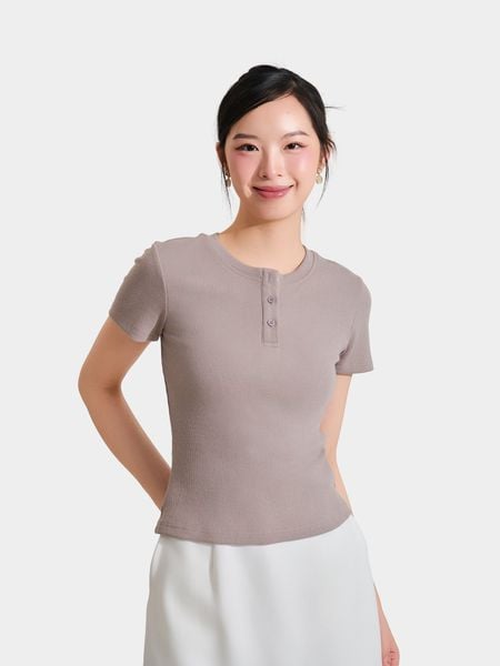  Áo thun gân tay ngắn cổ tròn cài nút 