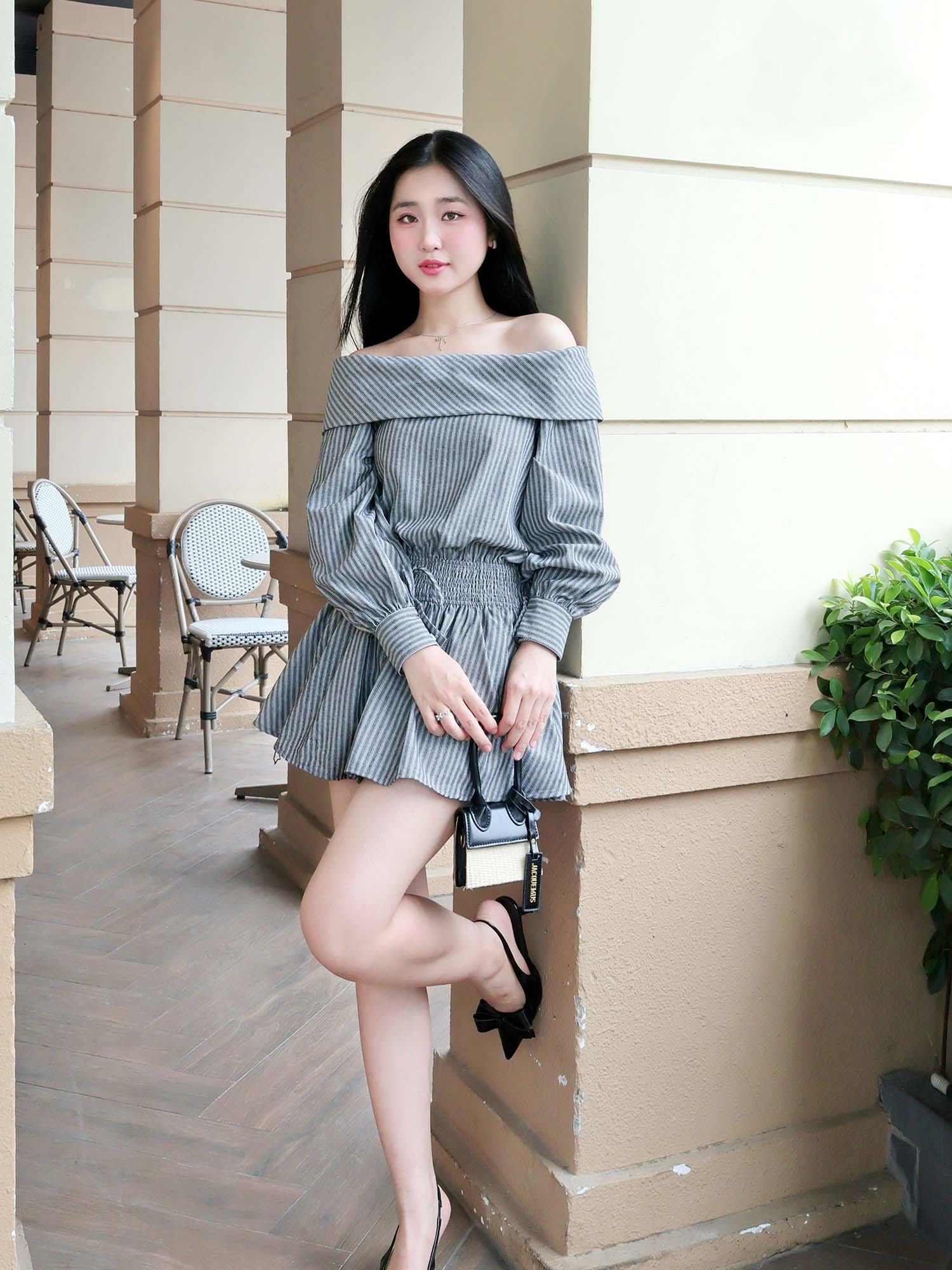 Đầm sọc bẹt vai smocking eo