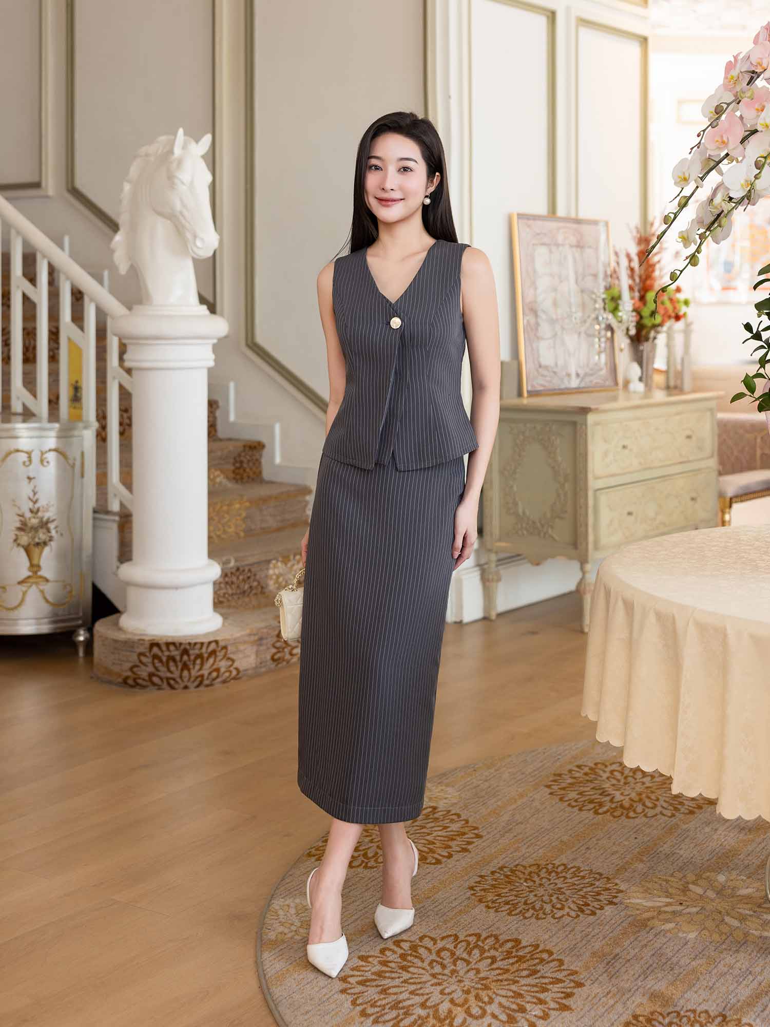 Váy midi bố sọc phom suông