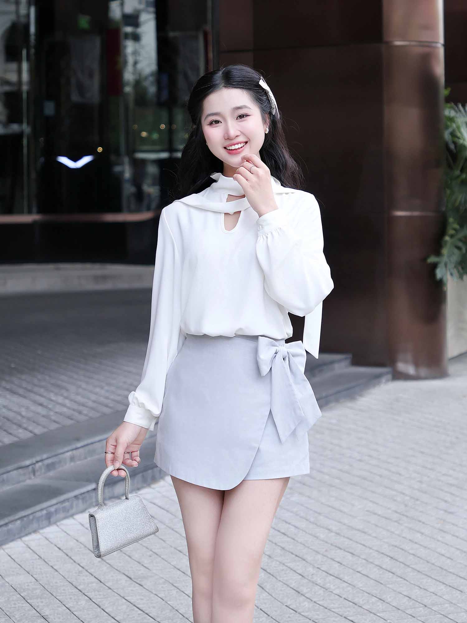 Chân váy skort mini đắp chéo phối nơ
