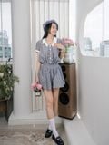  Đầm mini sọc cổ phối smocking eo 