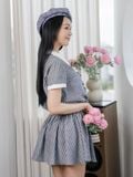  Đầm mini sọc cổ phối smocking eo 