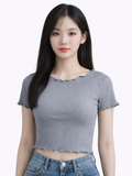  Áo thun gân croptop tay ngắn cuốn biên 