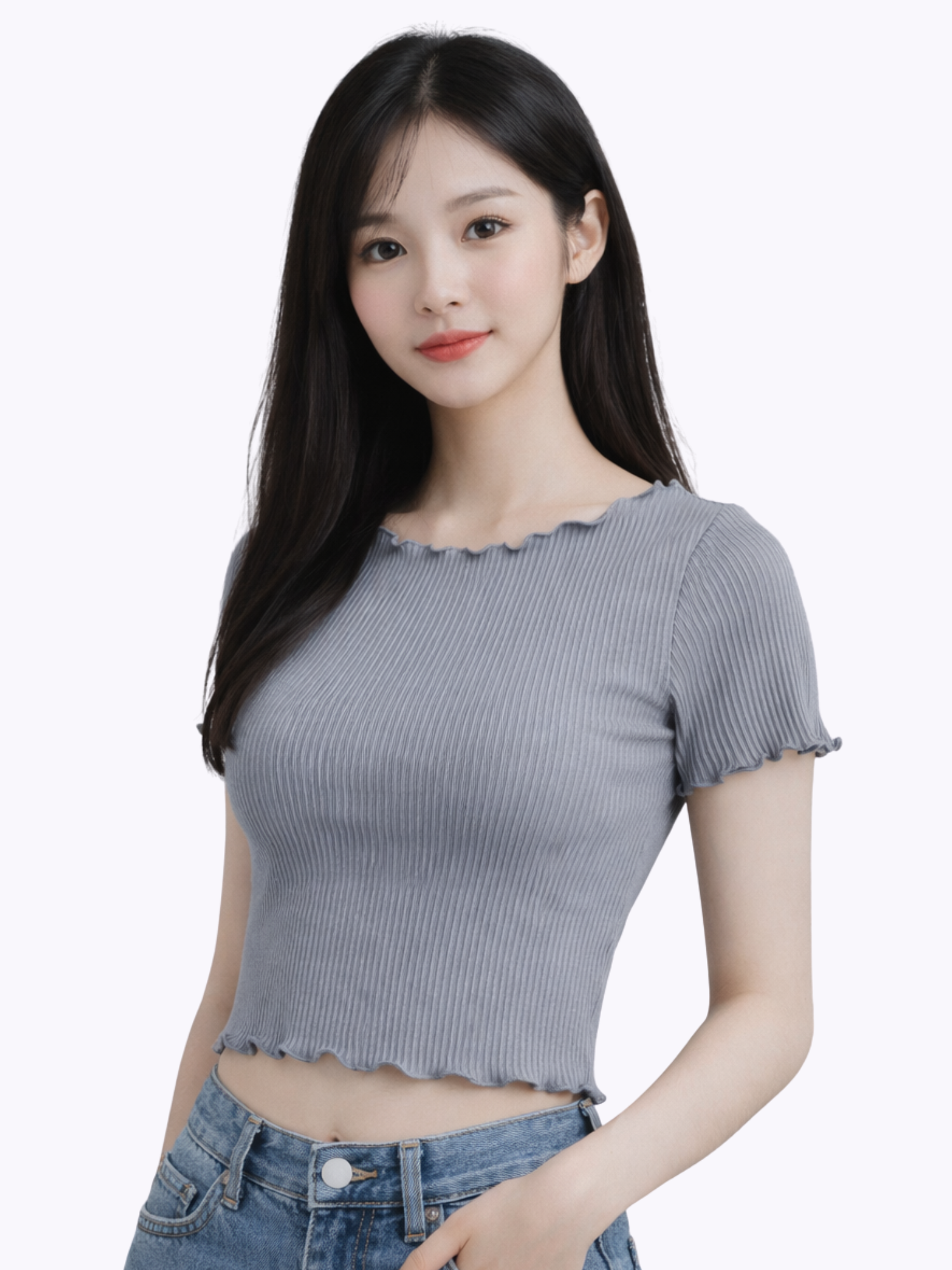 Áo thun gân croptop tay ngắn cuốn biên