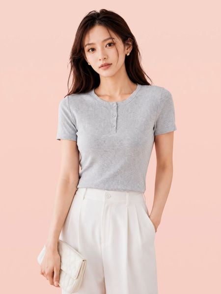  Áo thun gân tay ngắn cổ tròn cài nút 