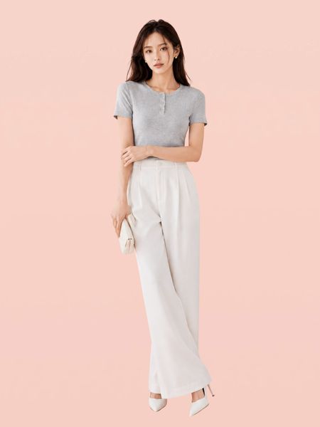  Áo thun gân tay ngắn cổ tròn cài nút 
