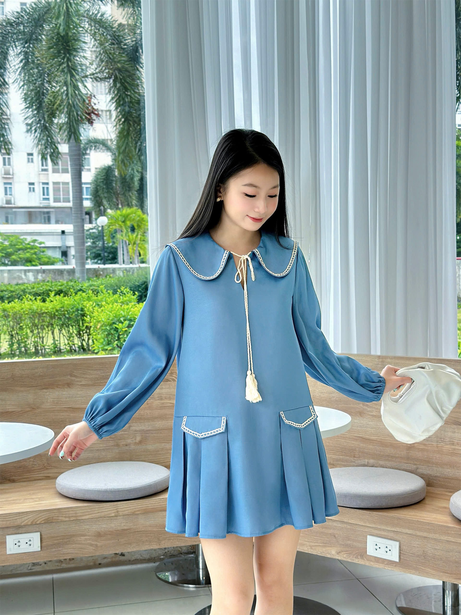 Đầm babydoll tay dài phối tùng xếp ly