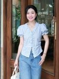  Áo sọc tay phồng phối bèo viền cổ 